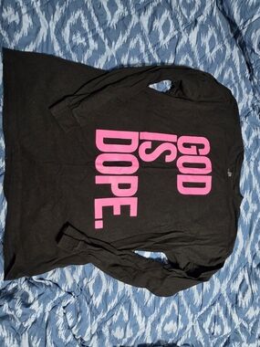 Womens Black Long-Sleeve Tee with Pink "GOD IS DOPE." Size Large